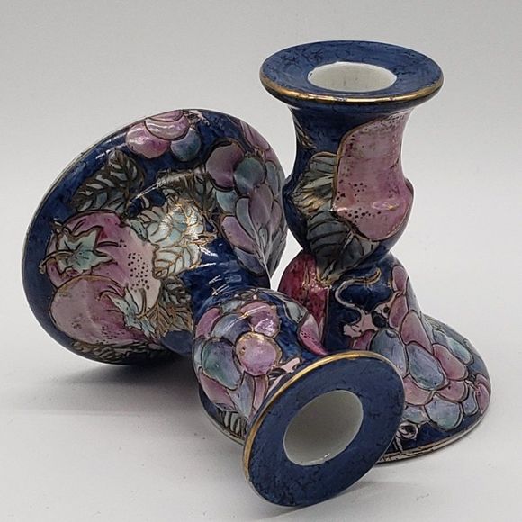 Toyo Porcelain Hand Painted Lilac Blue Gold Fruit Candle Holders - Picture 4 of 12